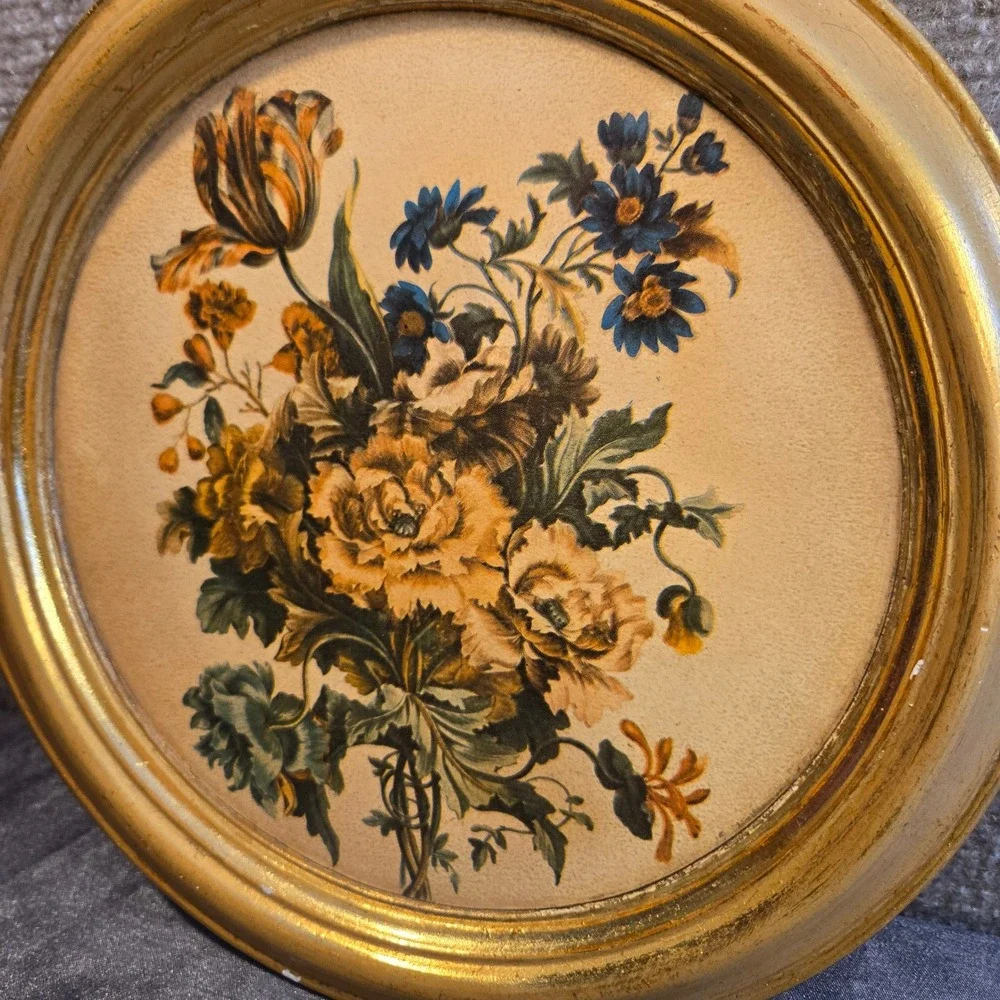 Vintage Borghese Floral Bouquet Round Gold Gilt Framed Wall Art Plaque 9.5‎ inch
